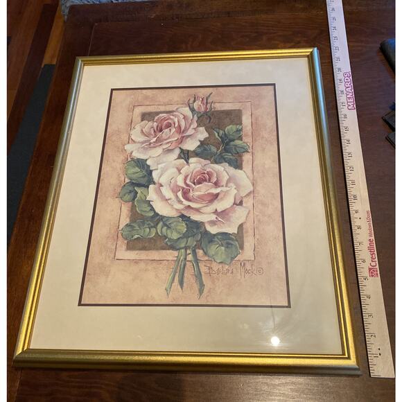 Barbara Mock Framed Print. Pink And White Framed Roses. Floral. Vintage (?) - Picture 8 of 9